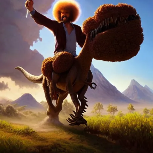 Image similar to bob ross!!! riding!!! a dinosaur!!, giant afro!, model pose, ultra realistic, concept art, intricate details, highly detailed, photorealistic, octane render, 8 k, unreal engine. art by artgerm and greg rutkowski and alphonse mucha