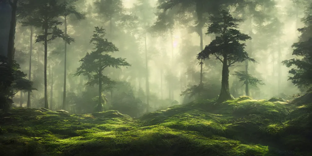 Image similar to a forest, oil painting, cinematic angle, hyperrealistic, volumetric lighting, dynamic, Studio Ghibli, digital art, octane render, post-processing, epic composition, trending on artstation, masterpiece