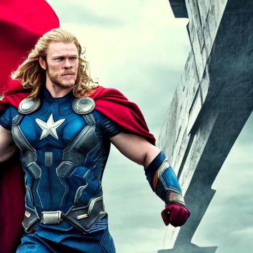 Prompt: Sam heughan as Thor, captain america and Superman epic cinematic shoot hd