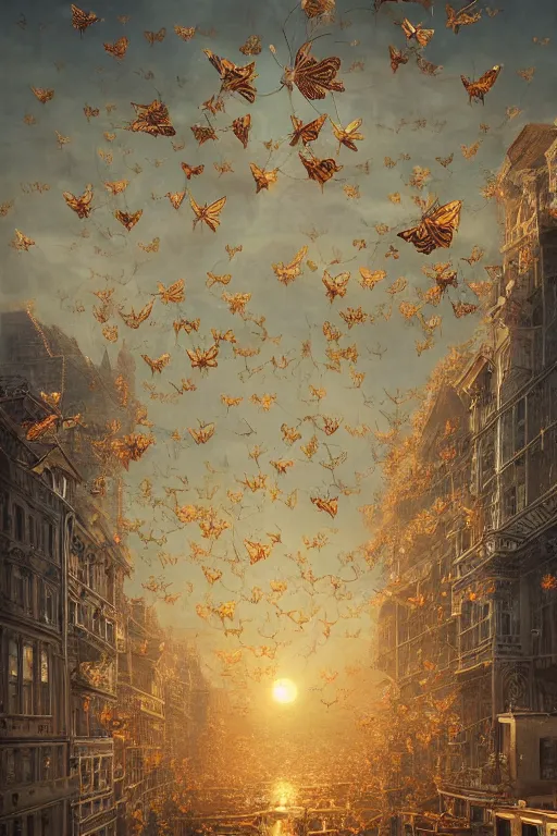 Prompt: breathtaking detailed photograph of a city made of spaghetti, flying pasta strands, the sun shining on pasta butterflies, rembrandt style, elegant, highly detailed, artstation, concept art, matte, sharp focus, art by tom bagshaw, and quentin mabille