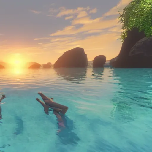 Image similar to swimming into the sunset, realistic, warm lighting, unreal engine