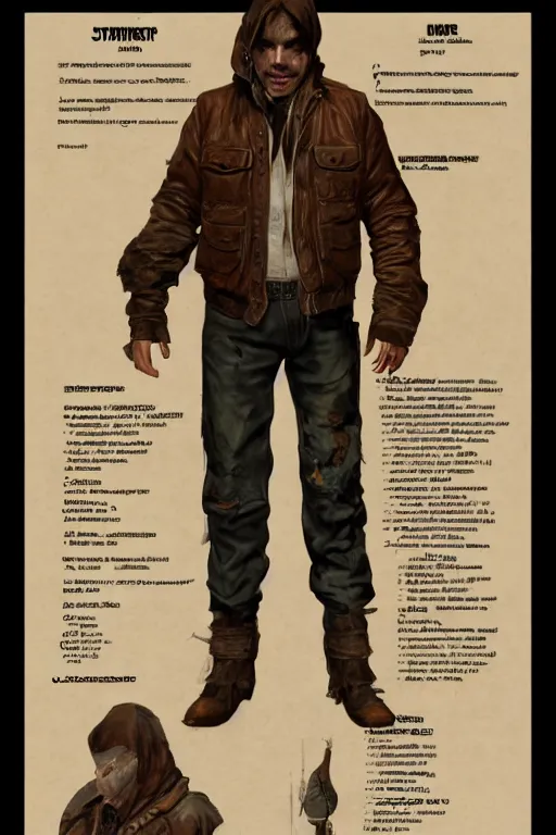 Image similar to character design, reference sheet, 40's adventurer, stained dirty clothing, leather bomber jacket, realistic, hyperdetailed, concept art, chiaroscuro, art Frank Frazetta