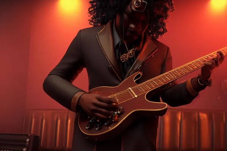 Image similar to a steampunk black man with long curly hair, playing electric guitar at a night club, focus on the musicians, cinematic lighting, exaggerated detailed, unreal engine, octane render, trending on artstation, art by greg rutkowski, 4 k