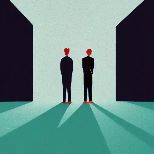 Image similar to a couple of people that are standing in the dark by emiliano ponzi, james gilleard, george ault, david hockney, atey ghailan, albert namatjira, marius borgeaud, minimalist, bauhaus, retrofuturism, postminimalism, concept art, matte background, matte drawing, magical realism, space art, generative art