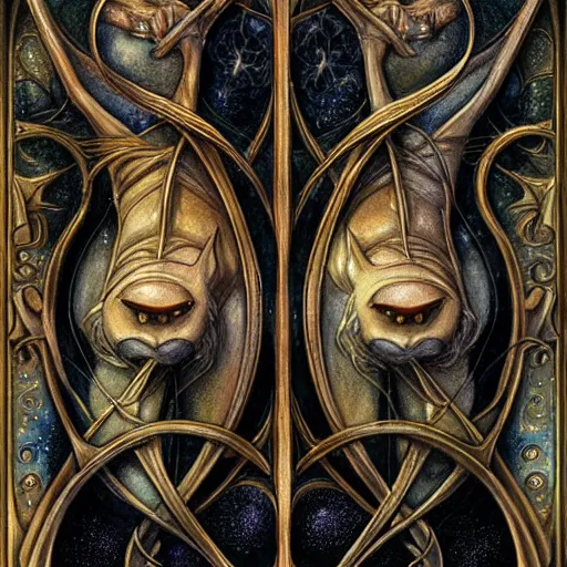 Image similar to detailed and sharp gemini artwork, mystic style, detailed, 8 k, detailed, symmetrical, by brian froud