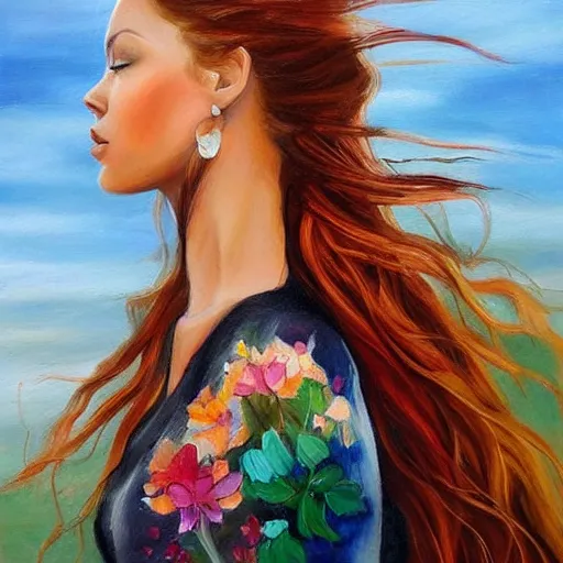 Prompt: side profile of a beautiful woman with long flowing hair, nature elements, painting by dimitra Milan.
