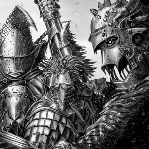 Image similar to a group of knights in the style of kentaro miura, 4 k, 8 k, absolute detailing of even the smallest details and particles, beautiful shadows, beautiful art, black and white drawing, high rendering of the details of the environment and faces