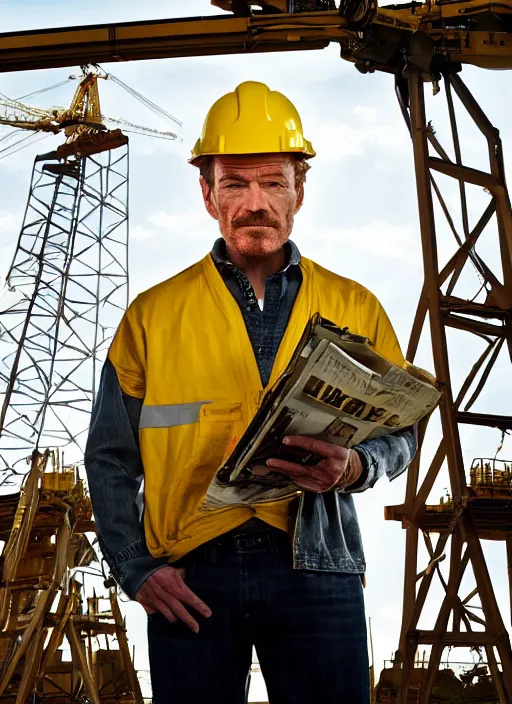 Image similar to closeup portrait of mecha bryan cranston with construction crane arms, yellow hardhat, natural light, bloom, detailed face, magazine, press, photo, steve mccurry, david lazar, canon, nikon, focus