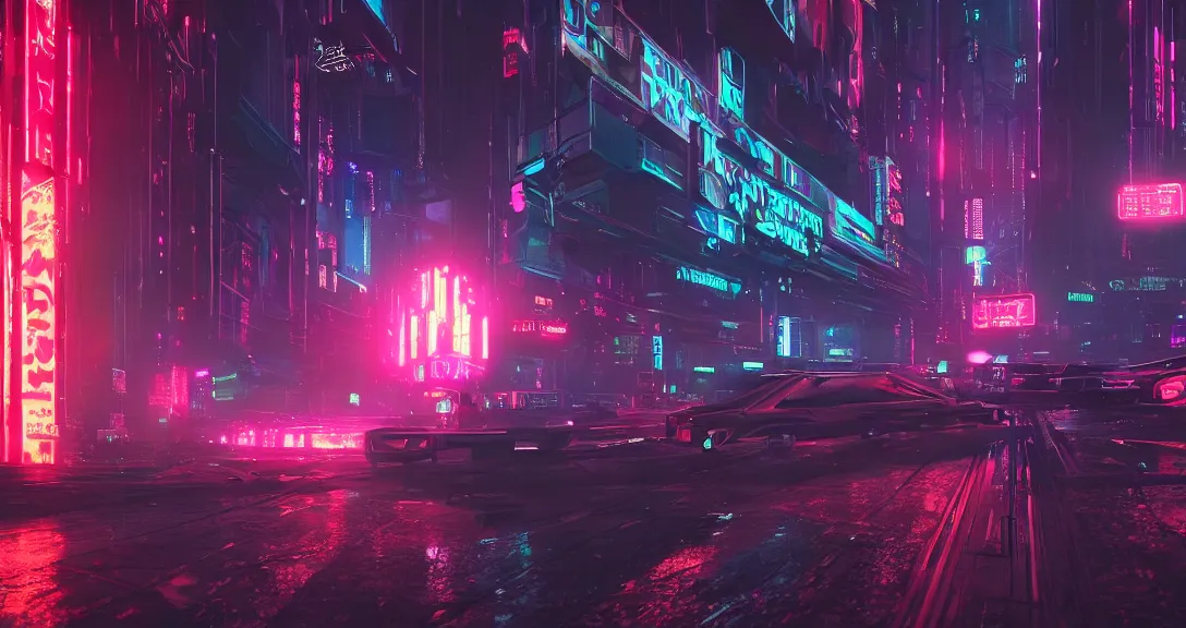 Prompt: cinematic cyberpunk scenery, love death and robots, netflix like, octane render, highly detailed, intricate, iridescent, neon lights, ethereal, stars on the back,