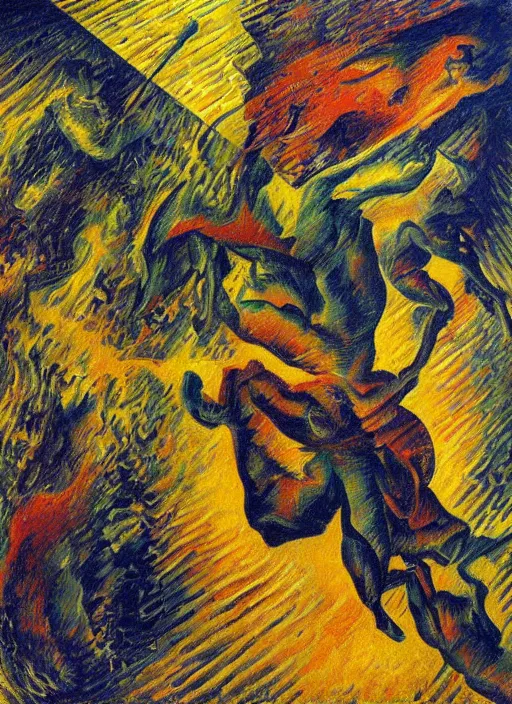 Prompt: flying metal oil on canvas by Umberto Boccioni, vivid colors, hyper detail, golden ratio HQ