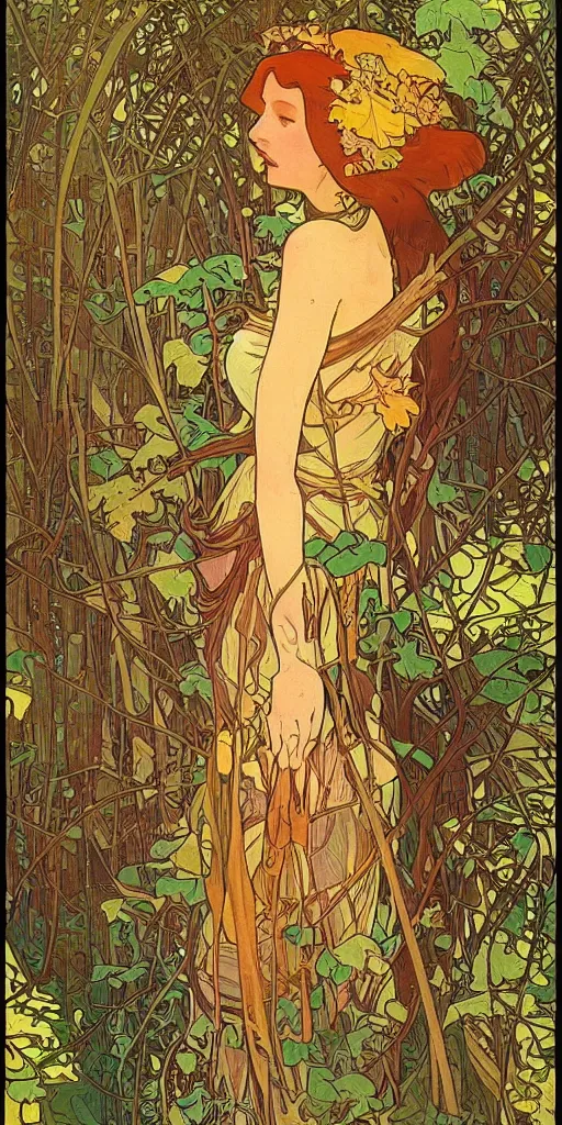 Image similar to a beautiful illustration of a female robot in the forest, autumn, golden hour, alphonse mucha, moebius, cinematic