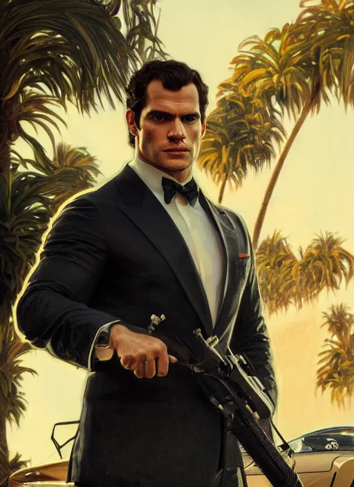 Image similar to portrait of henry cavill as james bond, key art, sprinting, palm trees, vintage aston martin, highly detailed, digital painting, artstation, concept art, cinematic lighting, sharp focus, illustration, by gaston bussiere alphonse mucha