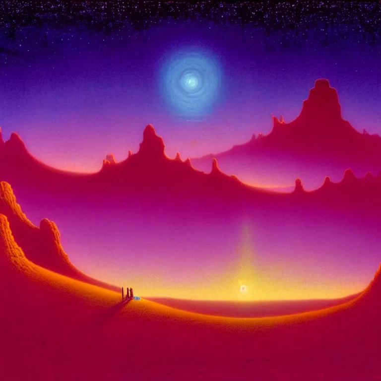 Image similar to astral travel mysterious desert canyon at night, infinite sky, synthwave, bright neon colors, highly detailed, cinematic, tim white, michael whelan, roger dean, bob eggleton, lisa frank, vladimir kush, kubrick, kimura, isono