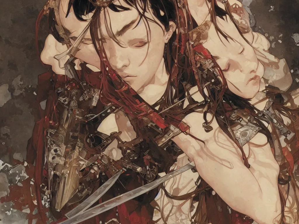 Image similar to close up of a wounded samurai in full armor, by fiona staples, range murata, alphonse mucha