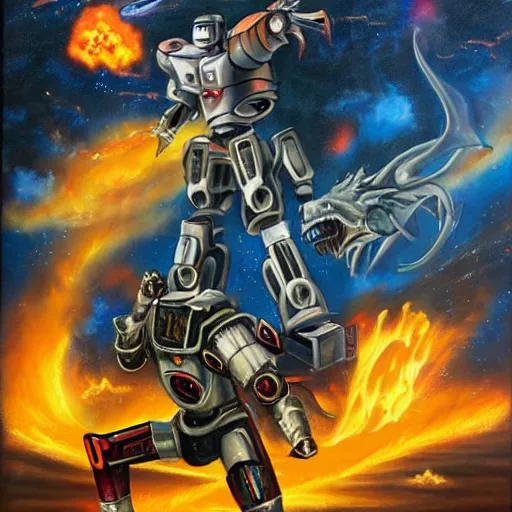 Image similar to giant robot fights against fantasy dragon, dragon breathing fire, robot shooting gun, background in space, oil painting