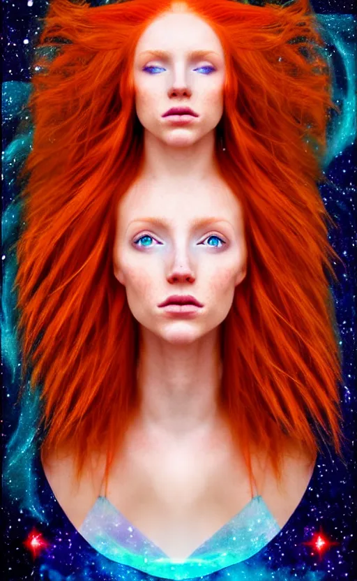 Image similar to space astral portrait of a beautiful girl, red hair, ginger hair, fantasy, glowing skin, smooth face, perfect eyes, half body shot, tarot card