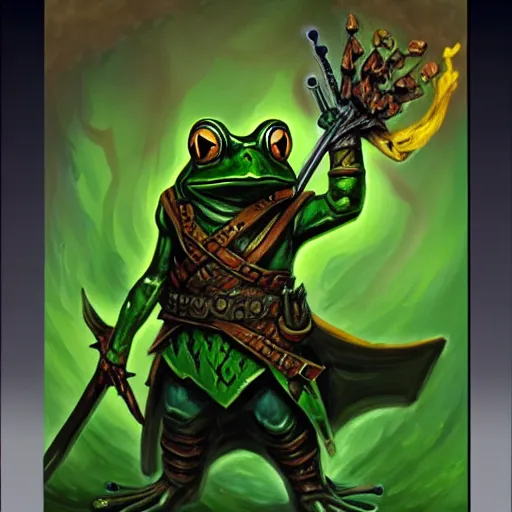 Prompt: oil painting of a frog warrior, in the style of 9 0 s dungeons & dragons and magic the gathering, character art card, highly readable