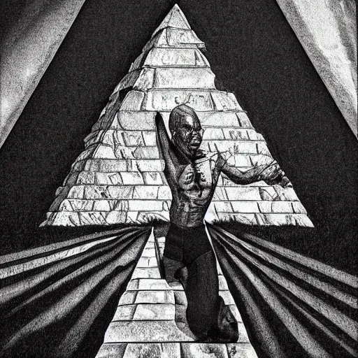 Image similar to i am a pyramid man falling through the earth and my body is controlled elsewhere, dxm, dissociation, photorealistic, hyperdetailed, hyperrealism, portrait