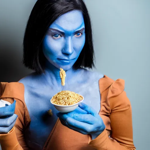 Image similar to a woman with blue skin and two lekku from star wars eats her breakfast cereal, photograph, studio lighting