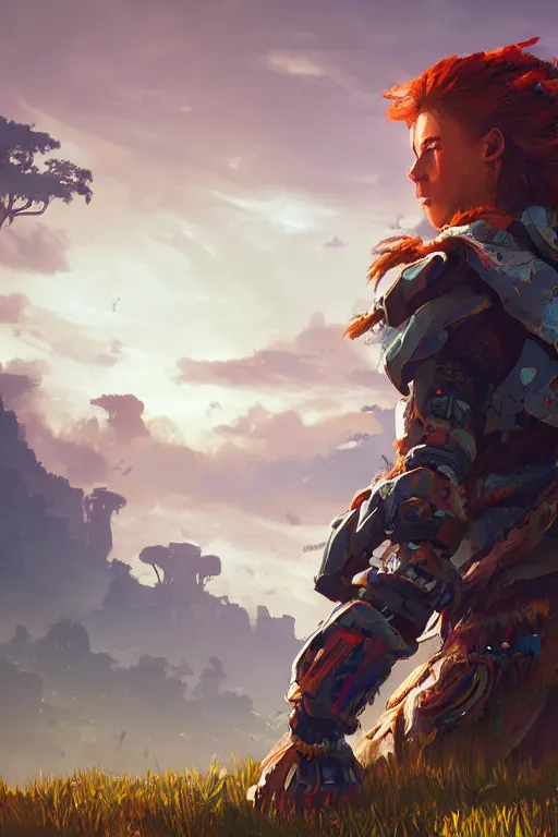 Image similar to combination suit armor aloy horizon forbidden west horizon zero dawn radiating a glowing aura global illumination ray tracing hdr fanart arstation by ian pesty and alena aenami artworks in 4 k tribal robot ninja mask helmet backpack