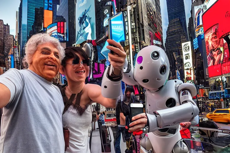 Image similar to n alien and a robot taking a selfie together in new york, times square, digital art by bob eggelton and jim burns