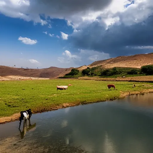 Prompt: landscape, river made of karak, with cows grazing, wide shot, photo