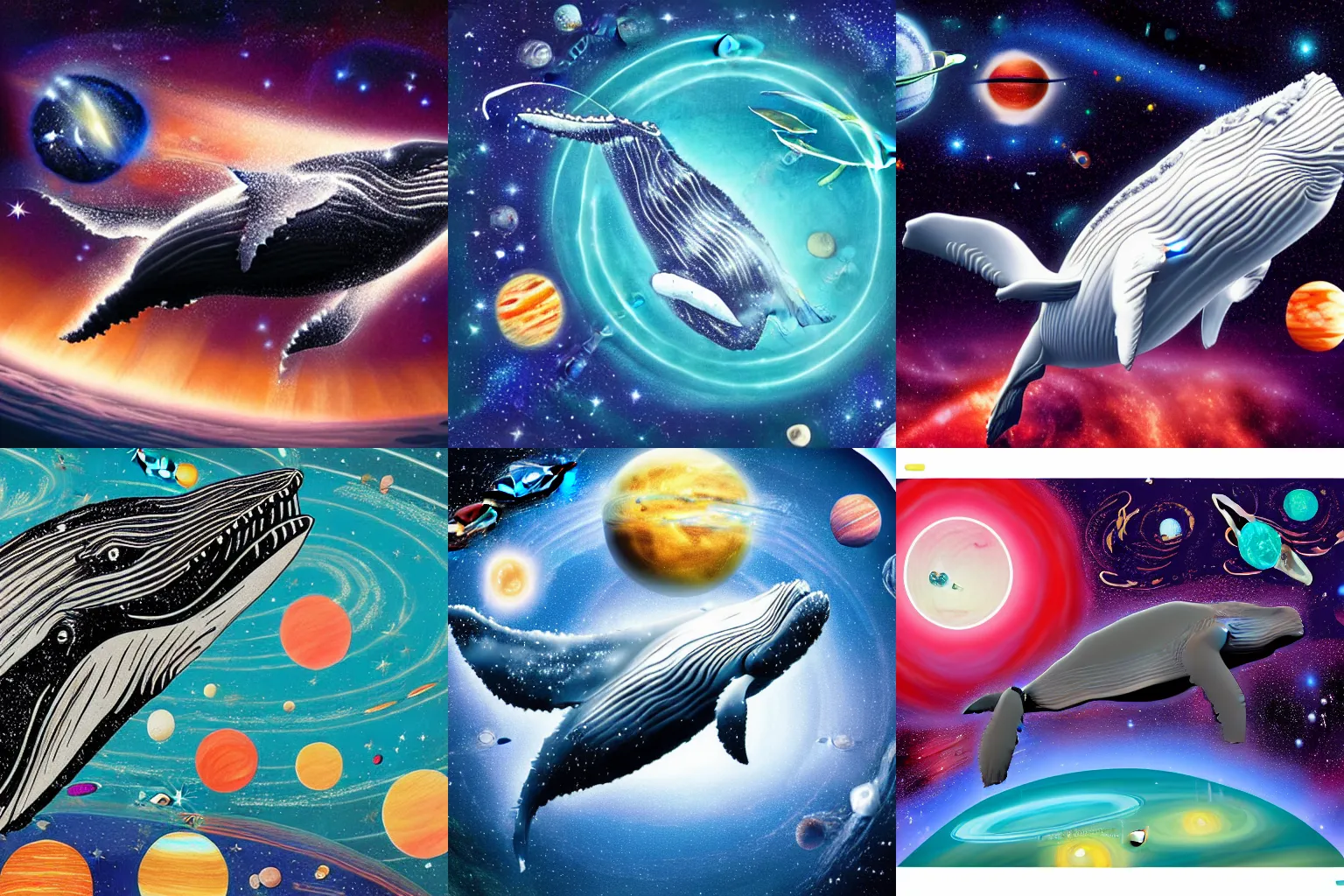 Prompt: humpback whale in space with planets and stars in the background