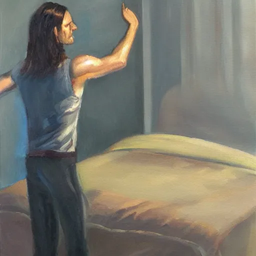 Image similar to oil painting of a slim thin man with long straight brown hair getting up from a bed with raised arms. evocative. artistic. volumetric lighting. low detail