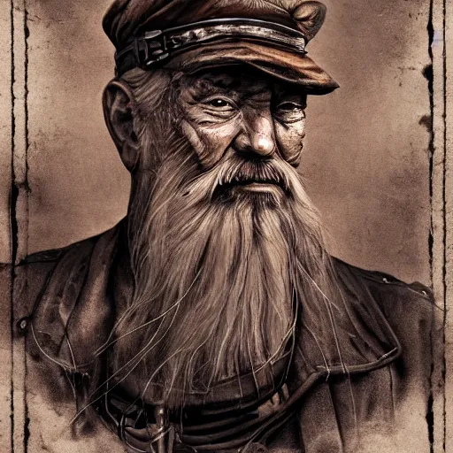 Image similar to a portrait of an old man who is a captain of a boat, weathered, in the style of steampunk, tattoo of boat on chest, holding a spear, retro, with beard and scar on face. trending on artstation, ambient lighting, 4k render, ultra hd:: behance art