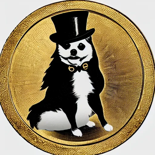 Prompt: A pomeranian wearing a top-hat and a monocle, sitting on top of a large pile of gold coins