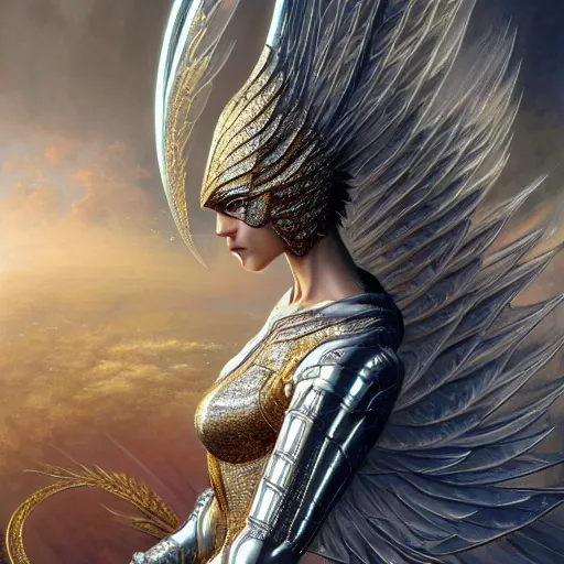 Image similar to a beautiful angel with a golden helmet wearing a silver armor with golden ornaments and diamonds jewelry, wings by alex gray and android jones, karol bak, ayami kojima, amano, concept art, character design, fantasy, 3 d, 8 k resolution