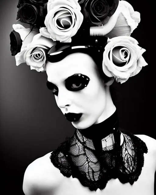 Image similar to dreamy surreal poetic black and white photo of a beautiful young bio-mechanical-female-cyborg-plastic-robot with a very long neck and a super big gothic lace collar and a very high big floral crown with many black dry roses by Vivienne Westwood:: smoke, high fashion, haute couture, rococo, avant-garde, elegant, dreamy, hyper realistic, 150 mm lens, soft rim light, octane render, unreal engine, picture was taken in 1910 by Dora Maar, volumetric lighting, dramatic light,8k,