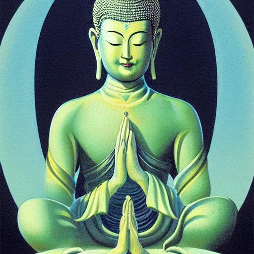 Image similar to detailed illustration of a contented peaceful bodhisattva, praying meditating, by boris vallejo