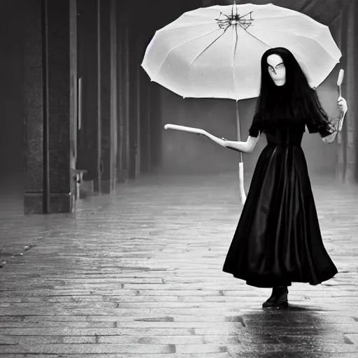 Image similar to morticia addams holding an parasol during a [ humid, rainy day ] as she saunters across the city, trending on artstation, 4 k photorealism, unsplash contest winner, shot by jimmy nelson