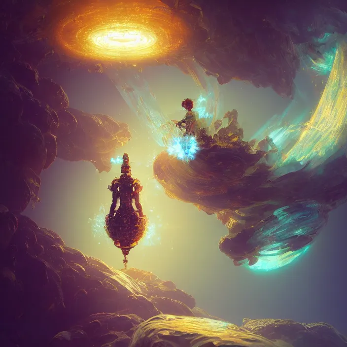 Image similar to within a flower the whole and finite capsule apparent with awe the apparition, an idea seep's into infinity highly detailed in volumetric latent space, golden turquoise steampunk, high contrast cinematic light, mystical shadows, sharp focus, divine realm of gods, octane render, artist by greg rutkowski,