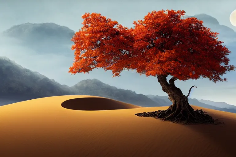 Image similar to cinematic fantasy landscape painting, an eclipse, over an autumn maple bonsai grows on a desolate sand dune in front of a primordial mountainous landscape by hr giger and jessica rossier