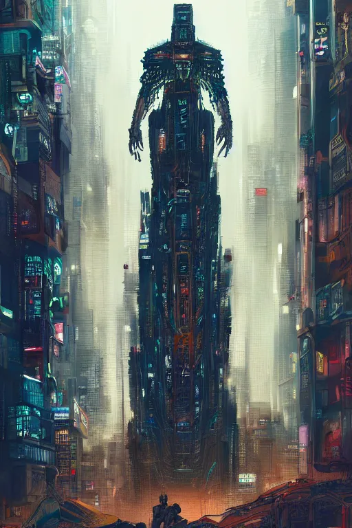 Image similar to digital masterpiece illustration concept art of giant statue in the middle of cyberpunk cityscape, extremely detailed and intricate complexity, epic composition, magical atmosphere, cinematic lighting, wide long shot, trending on artstation, 8 k