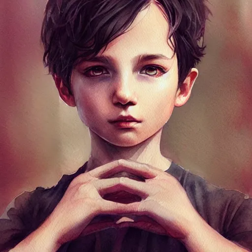 Prompt: young boy, black hair, light muscles, gorgeous, amazing, delicate, elegant, intricate, highly detailed, watercolor, portrait, artstation, concept art, sharp focus, illustration, art by charlie bowater and Ross tran