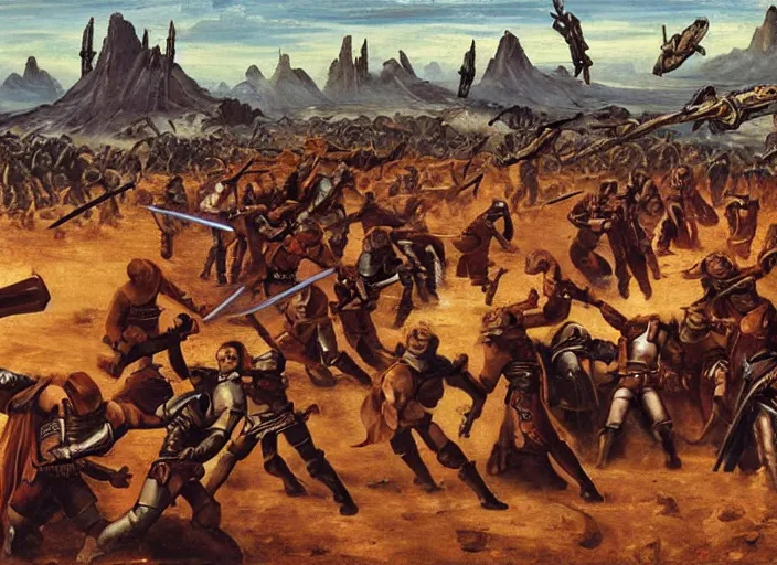 Image similar to medieval oil painting depicting the jedi knights fight on geonosis in attack of the clones, realistic, sharp, uhd