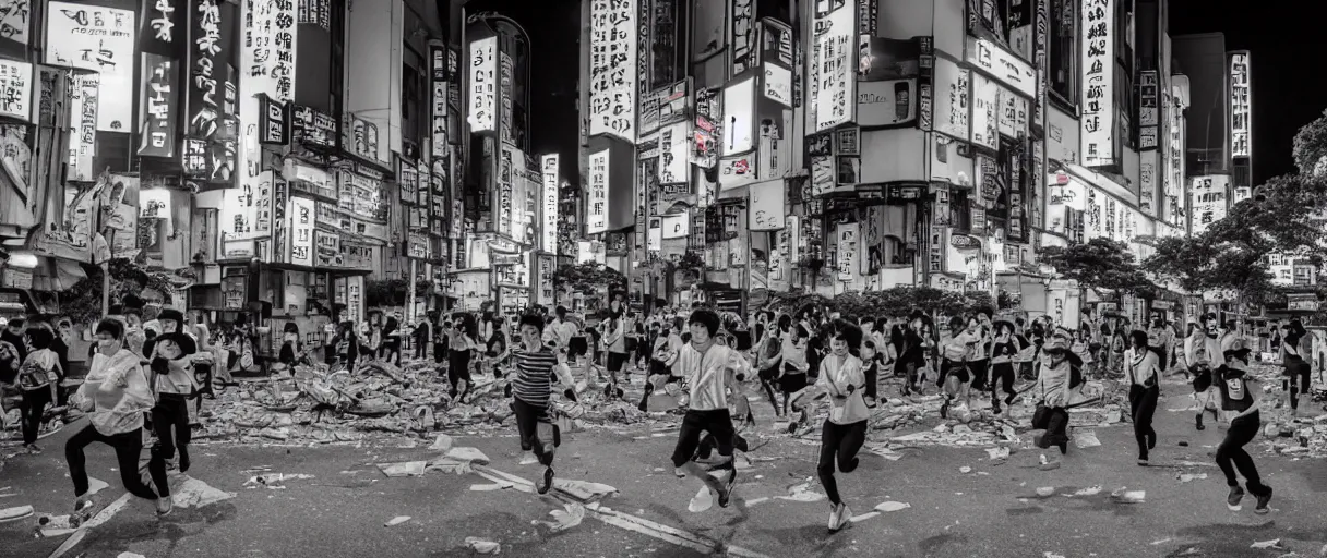 Image similar to people running away rom kaiju in the middle of tokyo at night, crushed building, neon