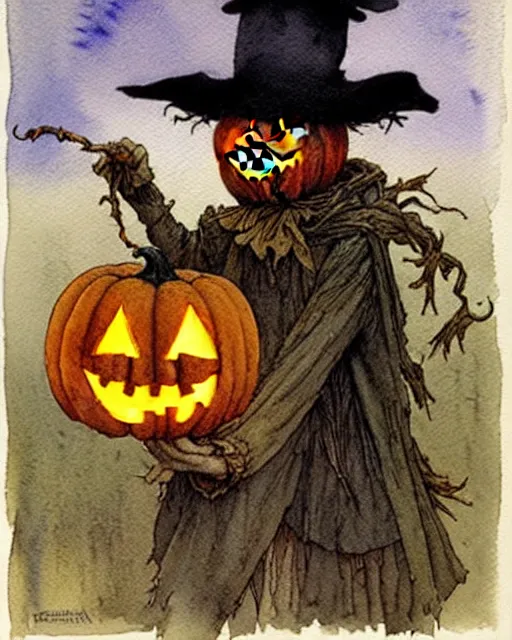 Image similar to a simple and atmospheric watercolour portrait of a scarecrow with a jack - o - lantern head holding a lantern on halloween, very muted colors, by rebecca guay, michael kaluta, charles vess and jean moebius giraud