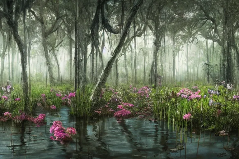 Image similar to hyperrealism, scene from louisiana swamps, starship, spring blooming flowers garden, true detective, 8 0 s japanese sci - fi books art