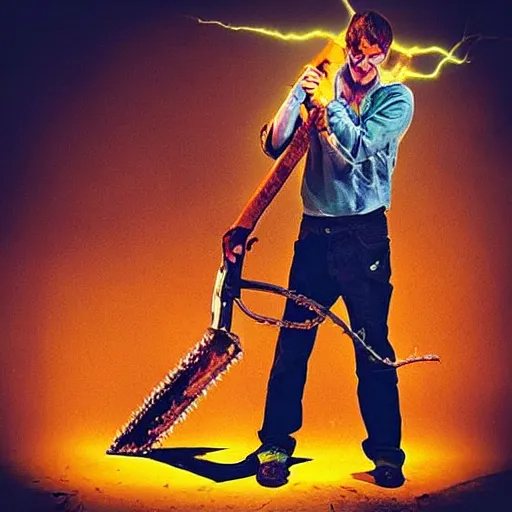 Prompt: “Brendon Fraser screaming holding a chainsaw made of lightning”