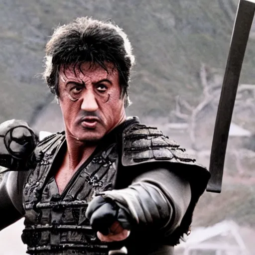 Prompt: Sylvester Stallone as samurai , a film still