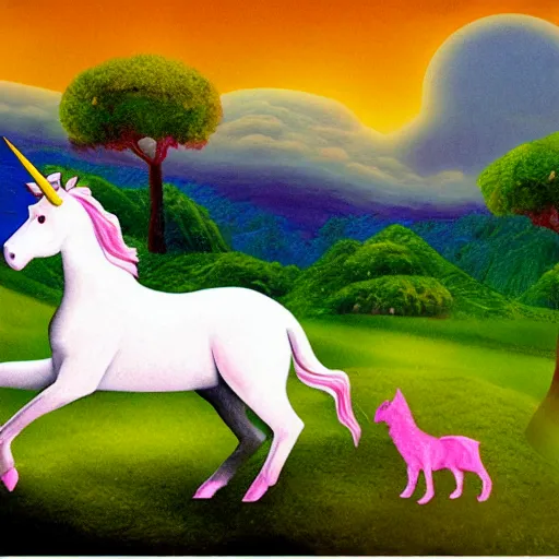 Image similar to dream : a fabulous landscape, a magical unicorn. a boy is sitting astride him. a cat is lying