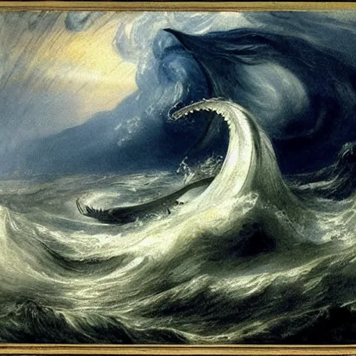 Prompt: kraken with huge tentacles wildly thrashing around in the waves of a stormy ocean, by jmw turner