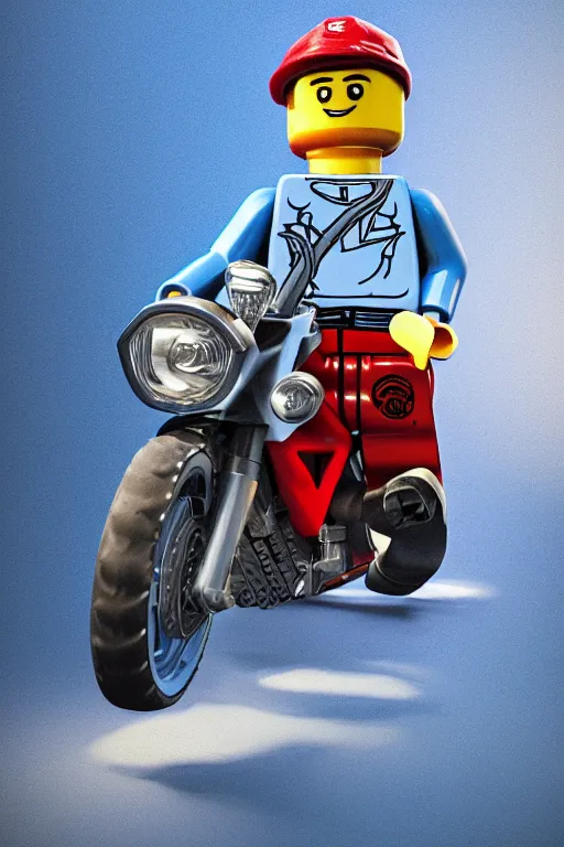 Prompt: a lego minifigure wearing a blue jean and blue shirt, he also wears a grey beanie, he is riding a red ducati panigale, 3 d octane render, artstation, concept art, smooth, sharp focus ilustration hq, octane render, hyperrealistic, aenaluck, artgerm, greg rutkowski