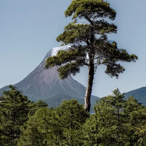 Image similar to A huge mountain with a giant tree on the top, view from far away,