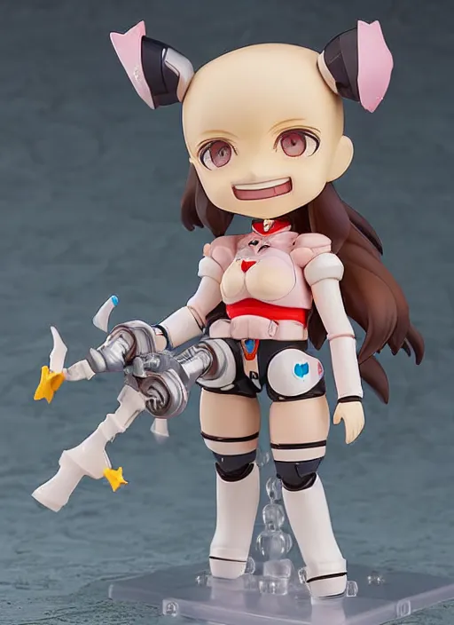 Prompt: a grotesque caricature of a kawaii mecha musume girl nendoroid with a big dumb bucktooth grin featured on wallace and gromit by arthur szyk, looney