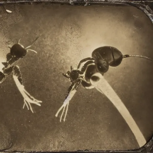 Image similar to tintype photo, underwater, two ants fighting